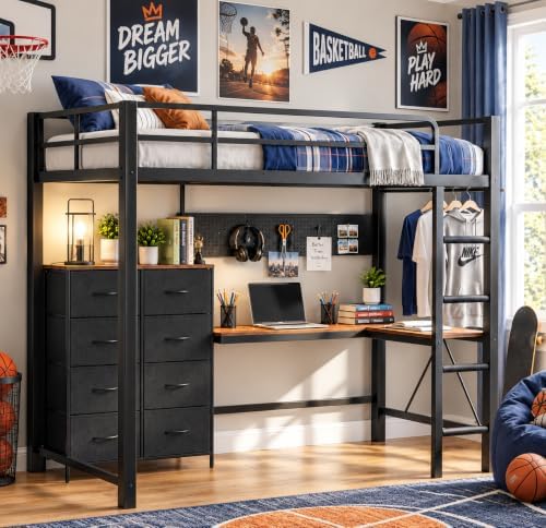 Full Metal Loft Bed with L-Shaped Desk and 8 Storage Drawers,Black