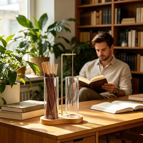 Glass Natural Incense Holder,Warm Minimalism Incense Sticks Burner Holder with Storage,Hang Upside Down Incense Holder for Sticks with Glass Ash Catcher for Meditation Yoga Room (Natural)