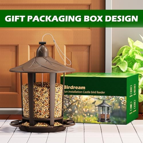 Birdream Bird Feeders for Outdoor Hanging, Assembly Required, 1-Min Easy Setup, Charming Castle Design, Attracting Cardinals Chickadees Goldfinches & Sparrows - Brown