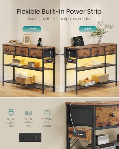 SONGMICS Console Table with Power Outlets and LED Lights, 3 Fabric Drawers