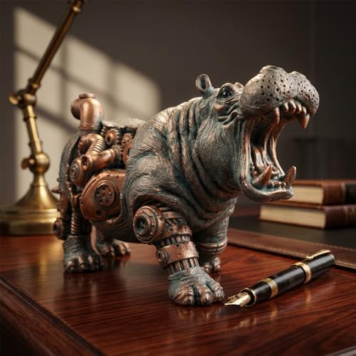 Hippo Decor - 9.4inch Resin House Hippo Statue Steampunk Hippo Figurine