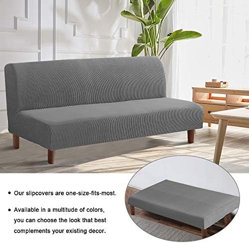 Flamingo P Stretch Armless Futon Covers Full Queen Futon Couch Covers Slipcover Futon Sofa Cover Futon Bed Cover Furniture Protector Covers with Elastic Bottom, Checked Pattern Jacquard, Charcoal Gray