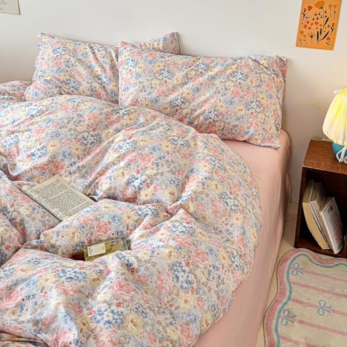 Floral King Duvet Cover Set Muslin Patterned Comforter Cover King Size Cotton Double Gauze Cozy Boho Duvet Cover Set with Zipper Lightweight Girls Bedding Set Vintage Duvet Protector