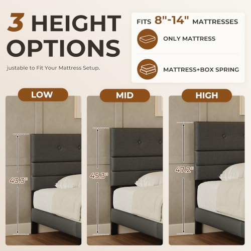 GRUSIGN King Size Bed Frame with Linen Fabric Headboard, Adjustable Height Upholstered Platform Bed Frame with Wooden Slats, Easy Assembly, Black