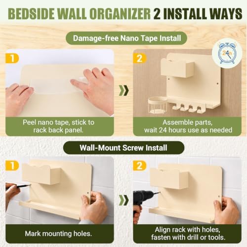 Floating Bedside Wall Shelf, Metal Wall Organizer with Detachable Cup Holde