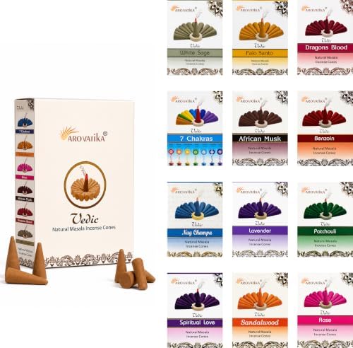 ARO VATIKA Vedic Natural Incense Cones Variety Pack of 120, 12 Flavored Premium Non-Toxic Dhoop Cones for Meditation, Yoga, Spiritual Healing, Relaxation & Home Fragrance, Burn Time 25 Mins