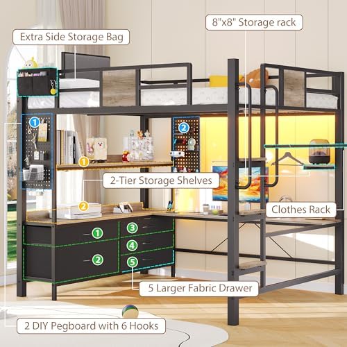 Full Loft Bed with Desk and 5 Storage Drawers, Oak Gray