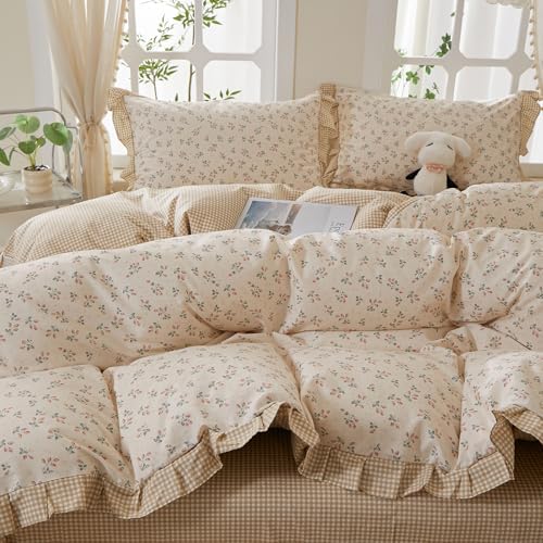 Ruffle Floral Duvet Cover Set Queen Size, 100% Cotton Cute Strawberry Bedding Set with Ruffle Lace, Aesthetic Floral Strawberry Duvet Cover Reversible Tan Gingham Comforter Cover Cottagecore Bedding