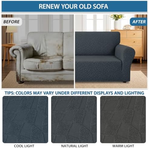 ZNSAYOTX 1 Piece Stretch Sofa Covers for 3 Cushion Couch (72"-90"), New Plaid Couch Cover with Non-Slip Buckle for Dog Pets, Ultimate Soft Cozy Washable Sofa Slipcover Form Fit Protector, Dark Grey