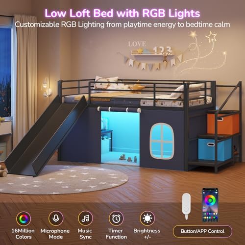 Twin Low Loft Bed with Slide and Safety Staircase, 2 Storage Drawers, Kids Twin Size Loft Bed with LED Lights, Under-Bed Play Tent, Built-in Desk, Metal Loft Bed with Safety Guardrail, Black and Blue