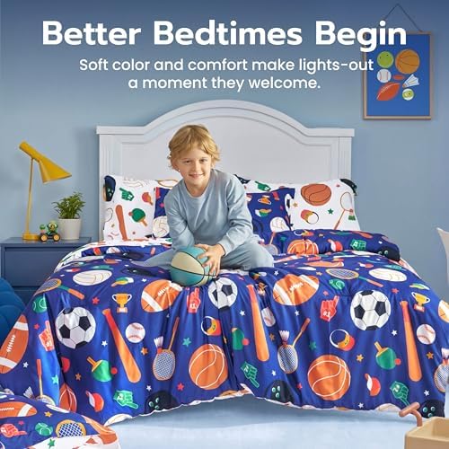 Joiedomi Kids Comforter Set Bedding Set for Boys Girls Super Soft Microfiber Bed in a Bag with Comforter Sheets Pillowcase Sham, Blue Ball Sports, Full