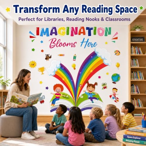 Cinrobiye Inspirational Quotes Wall Decals, Imagination Blooms Here Classroom Wall Decor, Reading Corner & Library Wall Stickers, School Wall Decorations for Preschool, Elementary Classroom, Daycare