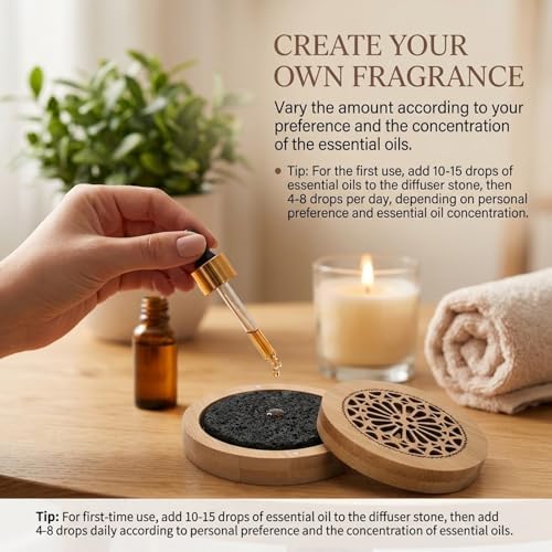 Passive Essential Oil Diffuser Stone, Small Lava Rock Diffuser Set Aromatherapy Stone for Desk Office Home Car & Gift-Giving, Compact Wood Bas