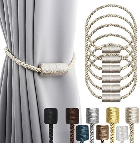 6 Pack Beige Strong Magnetic Curtain Tiebacks Outdoor Elegant Decorative Tie Backs Modern Rope Tiebacks for Drapes Window Curtain Holdbacks for Draperies