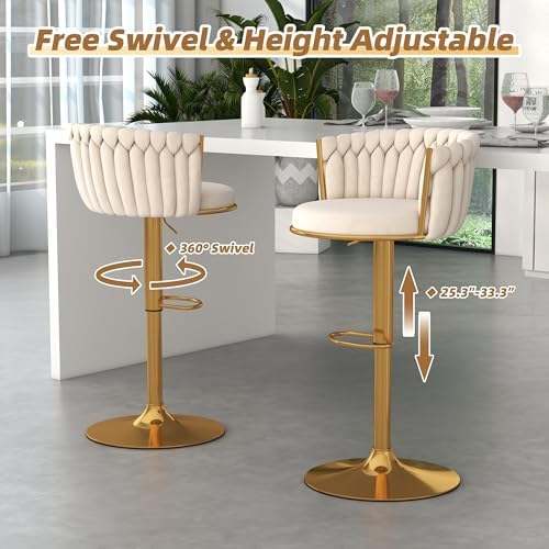 Gold Bar Stools Set of 2, Adjustable Bar Height Stools, Velvet Swivel Bar Chairs with Woven Backrest, Metal Footrest & Base, Upholstered Counter Stools for Kitchen Island, Beige