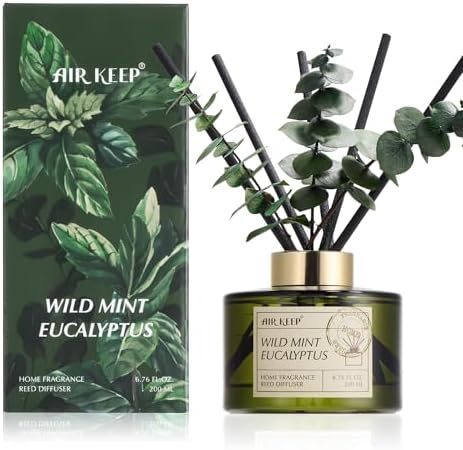 Airkeep Reed Diffuser Set with 6.76 fl oz Wild Mint & Eucalyptus Scent Essential Oils and 3 Leaves & 8 Diffuser Sticks,Bathroom Shelf Decor & Air Freshener, House Bedroom Office Decor & Gifts