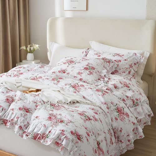 3 Pieces Ruffle Duvet Cover Set Full(80"x90"), Red Rose Flower