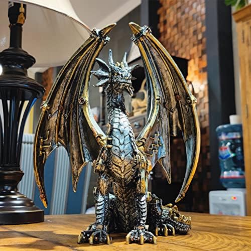 12'' H Steampunk Dragon Statue Mechanical Gear Sitting Sculpture