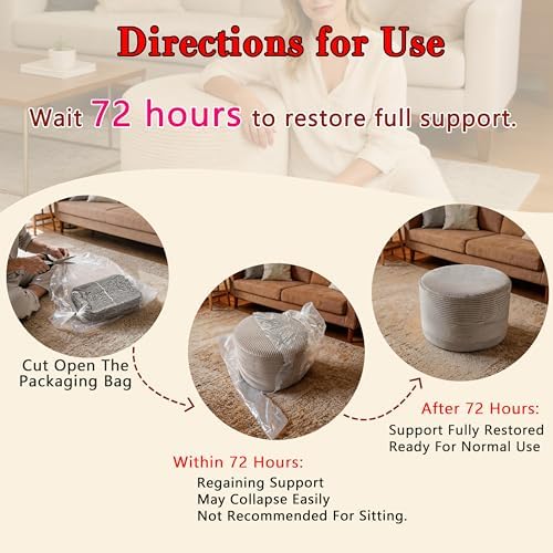 Thgonwid Round Ottoman Pouf, Corduroy Foot Rest Stool, 20x14In, Light Grey
