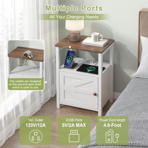 Nightstand Charging Station Barn Door & Bedside Table Storage White 2 Set