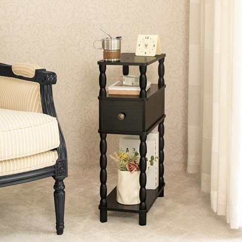 MaxSmeo Black Narrow Side Table, Narrow End Table with Storage, Skinny Small Nightstand with Drawer for Bedroom, Living Room, Small Spaces (Black)