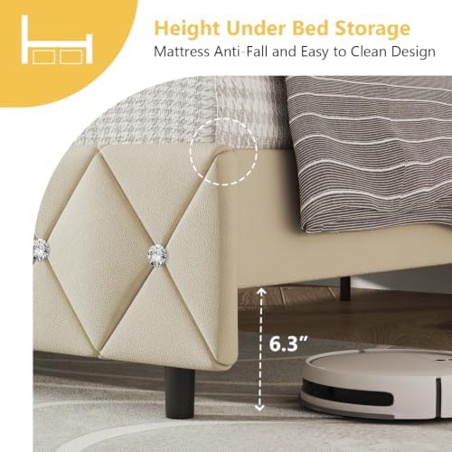 Lullabyre Full Size Bed Frame with Headboard, Faux Leather Bed with Diamond Tufted Design, Bed Frames Full with Wood Slats Support, No Box Spring Required, Easy Assembly, Cream