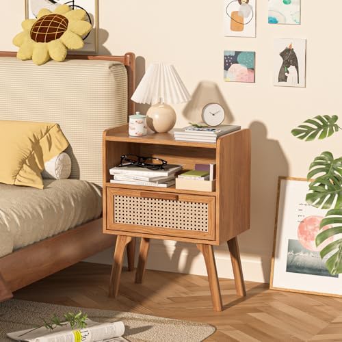 Lerliuo Rattan Nightstand, Side Table with Drawer Open Shelf