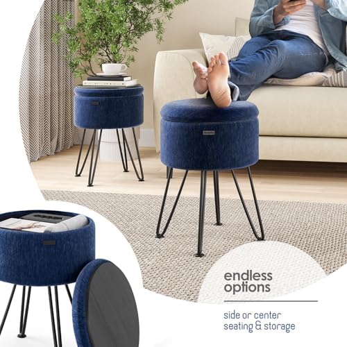 Round Ottoman with Storage, Textured Velvet Storage Ottoman, Foot Stool Ottomans, Makeup Vanity Stool, Small Ottomans Foot Rest, Modern Vanity Stools for Living Room and Bedroom, Blue