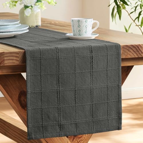 ZeeMart Linen Checked Farmhouse Table Runner, 13x108 Inches Charcoal
