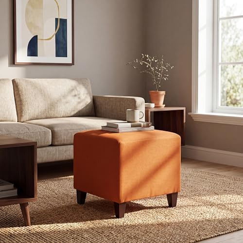 Joveco Square Ottoman Fabric Cube Foot Rest Stool with Wooden Legs, Footstool Small Ottoman Seat for Living Room Entryway (Orange)