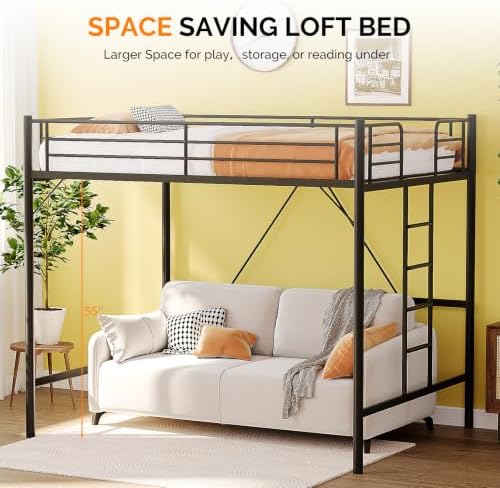 VINGLI Loft Bed Full Size with Flat Rungs for Adults, Kids and Young Teens, No Box Spring Needed,Heavy Duty Metal Slat Support,Black