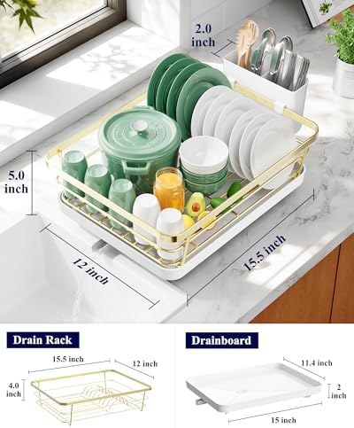 Kitsure Dish Drying Rack for Kitchen Counter, 12''W x 15.5''L, Gold