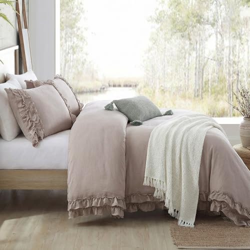 Bedorm Taupe Duvet Cover Set Twin Ruffle Bedding Set Pleat Ruffled Shabby Chic Comforter Cover Extra Soft & Easy Care Boho Duvet Cover with Zipper Closure