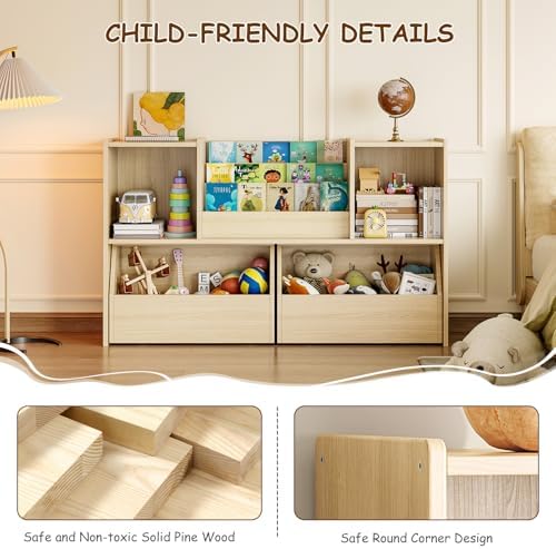 EXPERLAM Solid Wood Kids Bookshelf and Toy Storage Organizer, 3-in-1 Montessori Bookcase with Storage Cubbies and 2 Rolling Toy Bins, Toddler Bookshelf for Kids Room, Playroom, Nursery