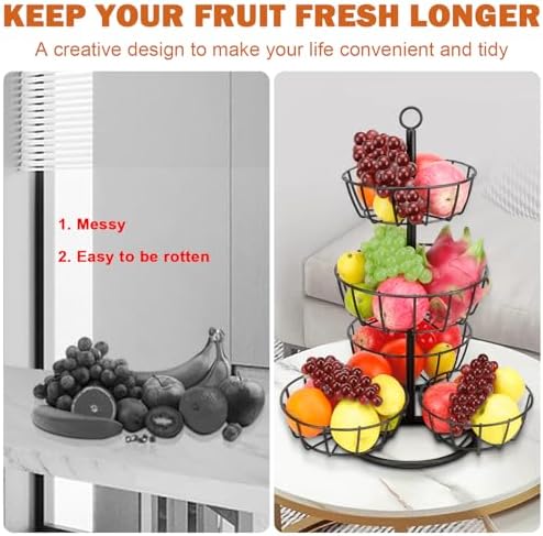 Livabber Fruit Basket Bowl, Metal Fruit Vegetable Storage Basket for Kitchen Counter, Large Capacity Vegetable Holder Rack Detachable Organizer for Bread Snack Produce (Black, 5-Tier Metal Base)