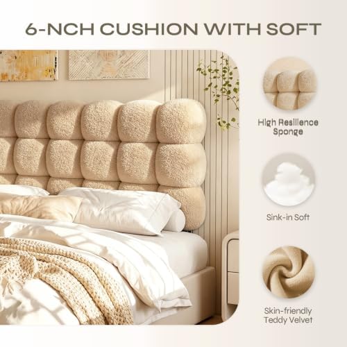 Pinmoco Queen Cloud-Shaped Upholstered Headboard, Teddy Fleece Light Brown