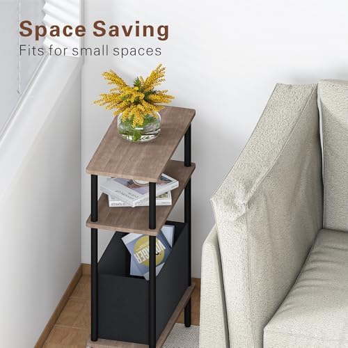Narrow Side Table with Fabric Basket, Set of 2 End Table for Small Spaces, Slim Nightstand with 3-Tier Storage Shelf, Sofa Beside Table, for Living Room, Bed Room, Natrual Walnut