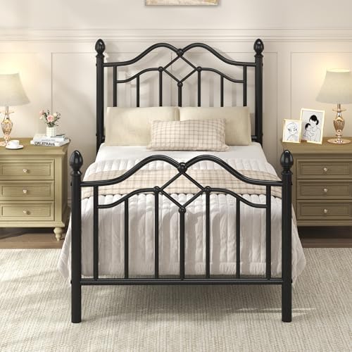 Twin Size Bed Frame with Victorian Headboard & Footboard, Black
