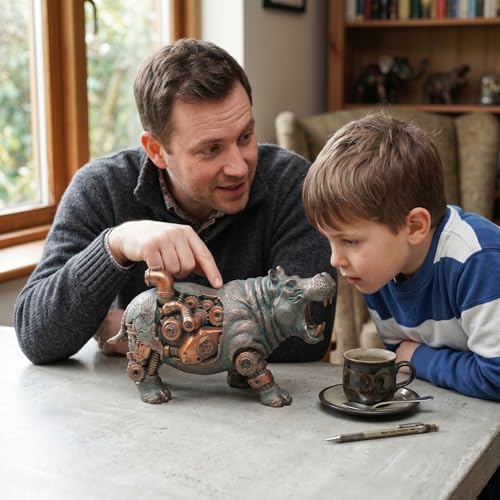 Hippo Decor - 9.4inch Resin House Hippo Statue Steampunk Hippo Figurine