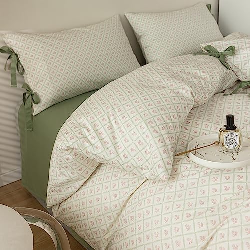 LifeTB Full Comforter Set Pink Flower Comforter with 2 Bowknot Pillowcases Chic Plaid Grid Prints Floral Bedding Comforter Boho Farmhouse Bedding Set French Country Style Botanical Comforter Set