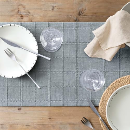 ZeeMart Linen Checked Farmhouse Table Runner, 13x72 Inches Chambray