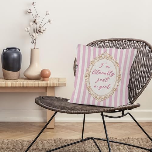 Preppy Pink Striped Girl Nursery Throw Pillow Cover 18x18, I'm Literally Just a Girl Decorative Pillow Covers for Girls Room Bedroom Dorm, Girly Pink Aesthetic Accent Pillows Cover Pillowcases