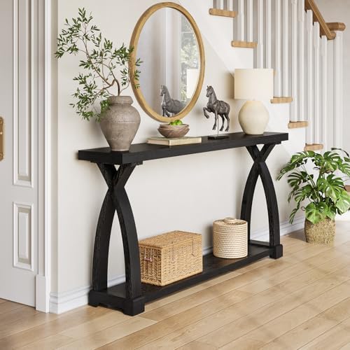 Solid Wood Console Table for Entryway, 63-Inch Narrow Farmhouse Couch Table Behind Sofa with 2-Tier Storage for Entrance, Foyer, Living Room, Long, Black (Black)