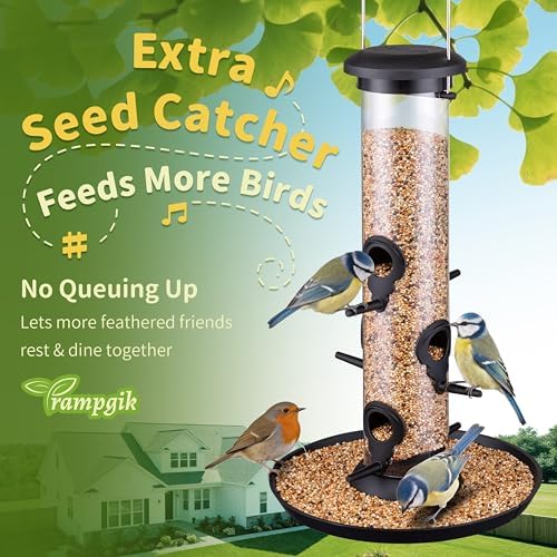 Tube Bird Feeders for Outdoors,13" 6-Port Seed Catcher,Black,2 PK