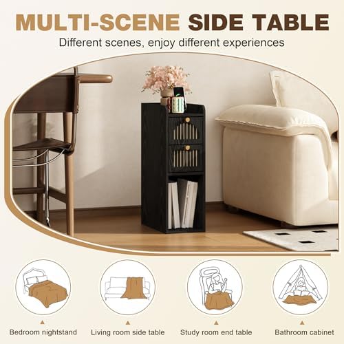 7.87" Narrow Nightstand Set of 2, Fluted Slim Bedside Table with 2 Drawers, Mid Century Modern Small End Table with Gold Metal Handles, for Bedroom, Living Room & Small Spaces - Black