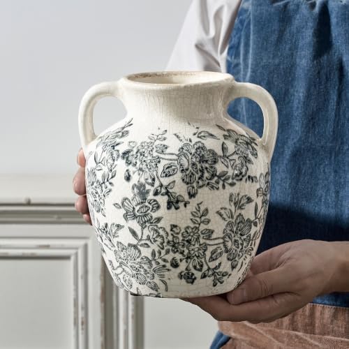 Vintage Vase with Handles, Ceramic Utensil Holder, Flower Decorative Vase Chinoiserie Decor Rustic Farmhouse Retro Floral Vases for Table Bookshelf Mantel Kitchen Living Room Office - 6.7” Gray 018