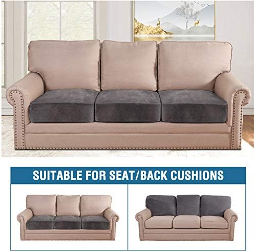 H.VERSAILTEX Velvet Stretch Couch Cushion Cover Plush Cushion Slipcover for Chair Loveseat Sofa Cushion Furniture Protector Seat Cushion Sofa Cover (3 Piece XL Sofa Cushion Covers, Grey)