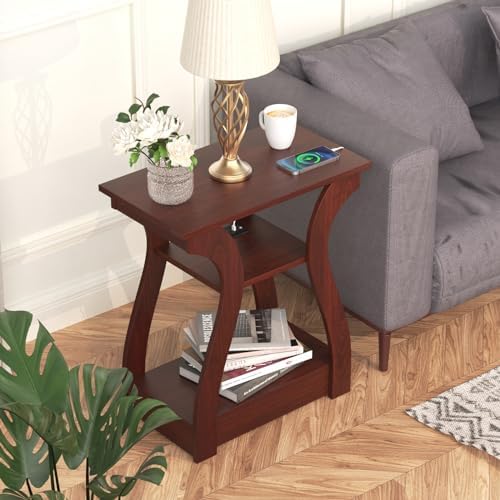 FROMJBEST End Tables Living Room, Cherry End Table with Charging Station