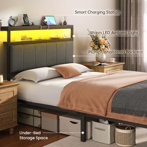 Twin Bed Frame with Storage Drawers and Charging Station, Grey