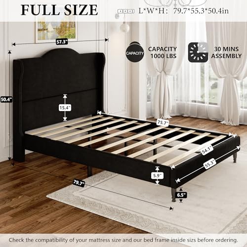 Full Size Bed Frame with Wingback Headboard, Upholstered Velvet Platform Bed Frame, Heavy Duty Wooden Slats Support, Noise-Free, No Box Spring Needed, Minimalist Style, Black